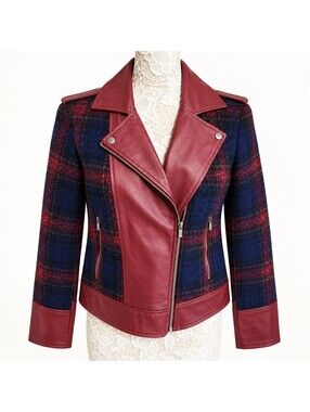 Baccini Burgundy Faux Leather Blue Plaid Moto Jacket Medium